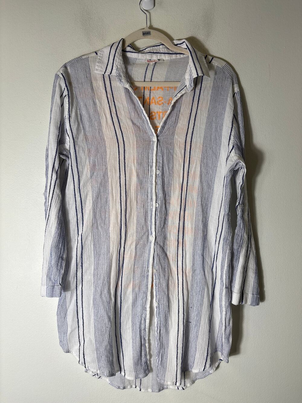 Sundry White and Blue Long Sleeve Cotton Beach Cover Up Sz 1